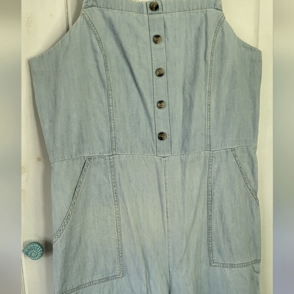 Chambray Cotton Pull-on Smocked Wide Leg Jumpsuit - Picture 2 of 10